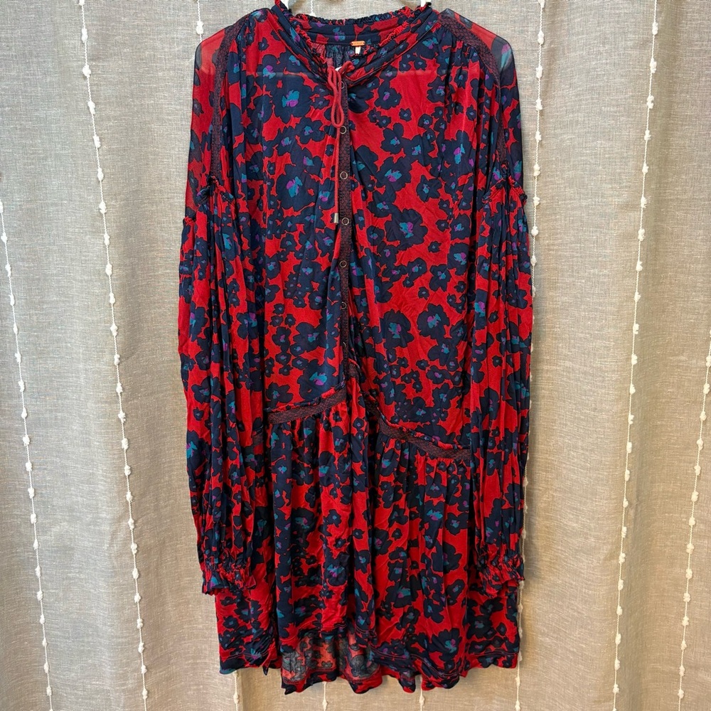 Free People Red and Blue Floral Long Sleeve Dress